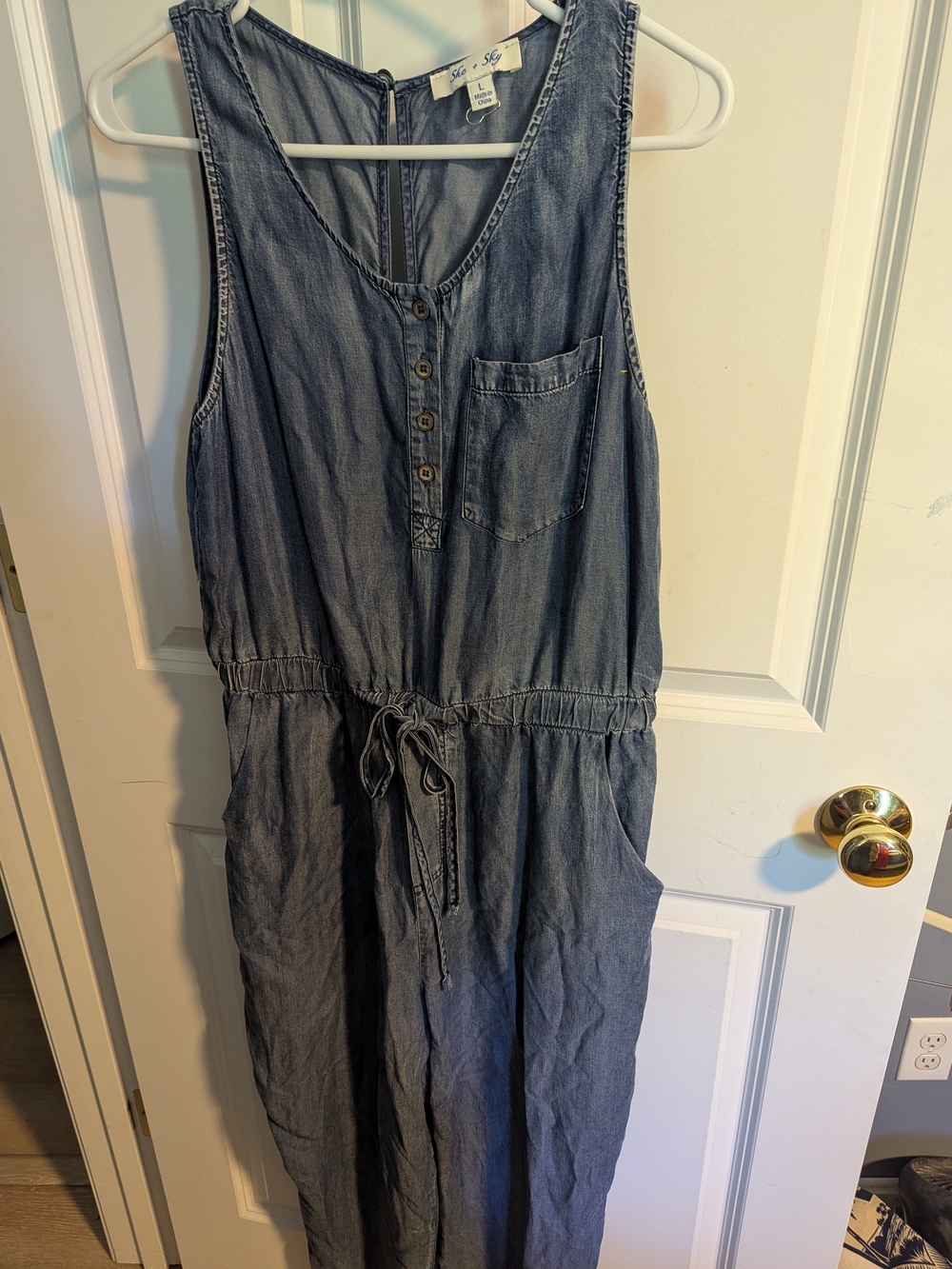 She + Sky Sleeveless Denim-Style Drawstring Jumpsuit in Washed Blue